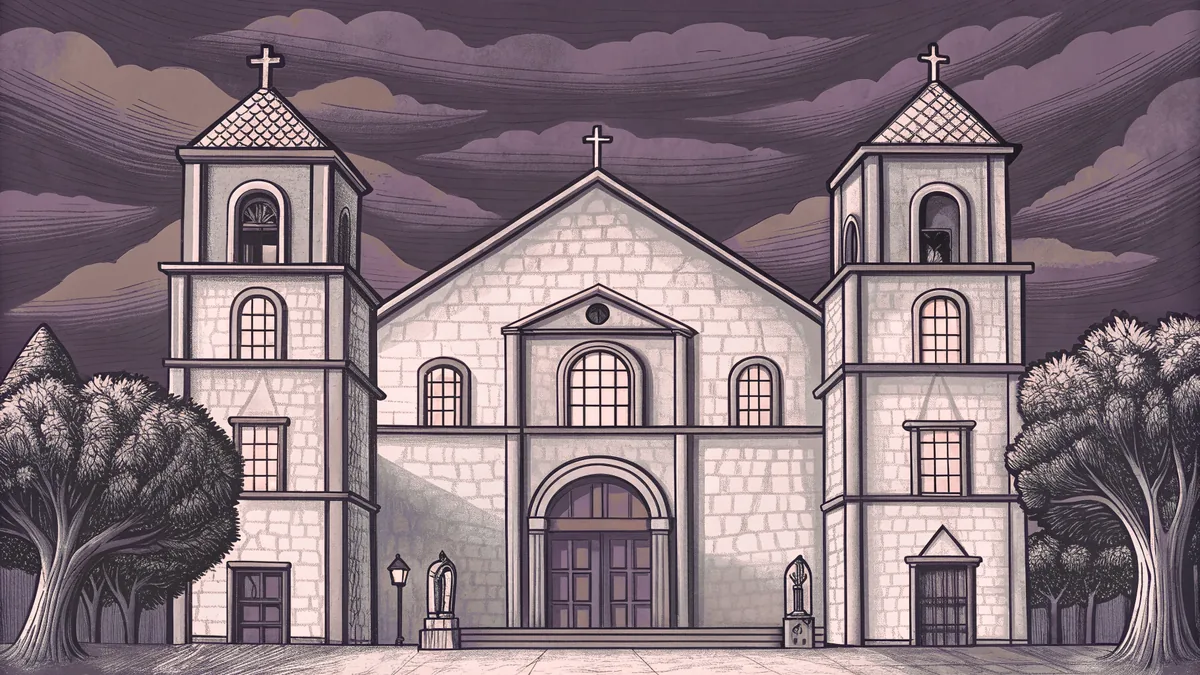 People greet each other in a Spanish plaza with a white church building behind them.