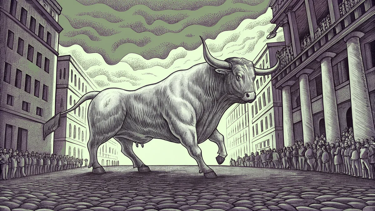 A powerful bull thunders down a narrow Spanish street during fiesta.