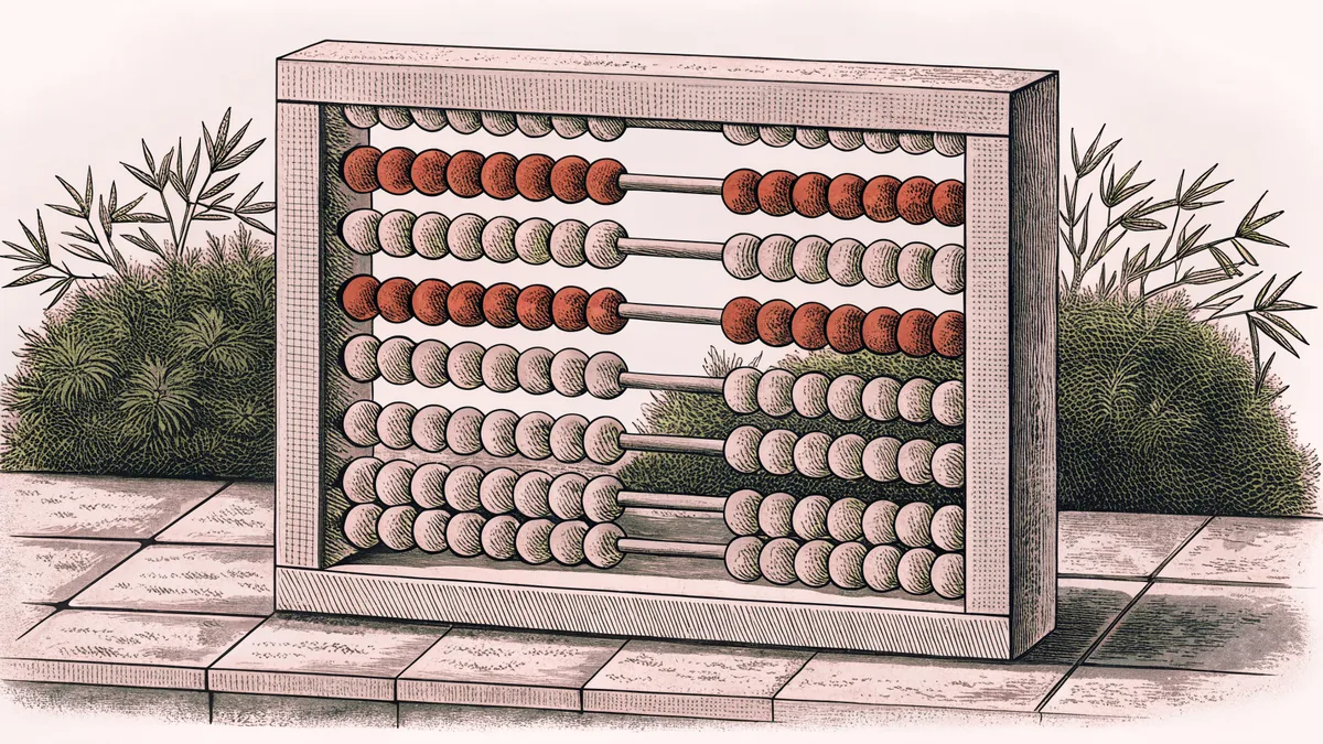 Colored beads on an abacus sit beside stacked counting blocks on a classroom desk.