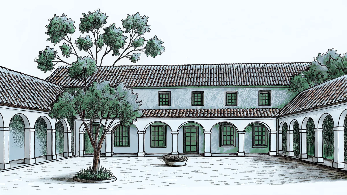 A historic plaza with vibrant flowers and traditional terracotta architecture.