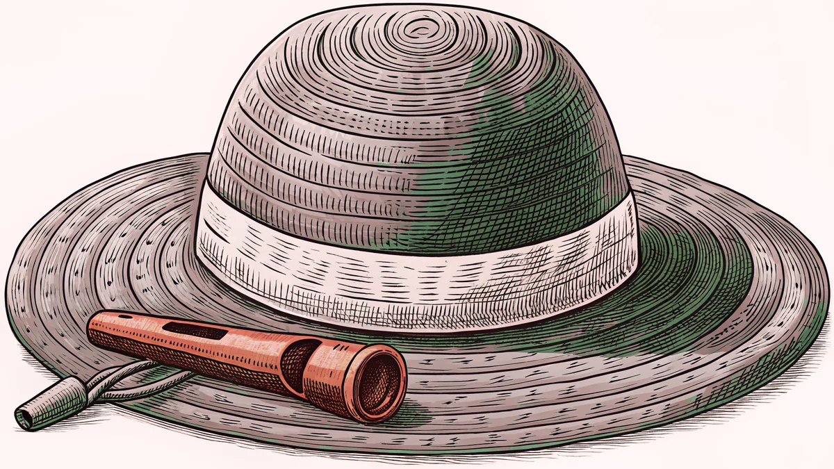 A woven straw hat beside a small clay whistle.