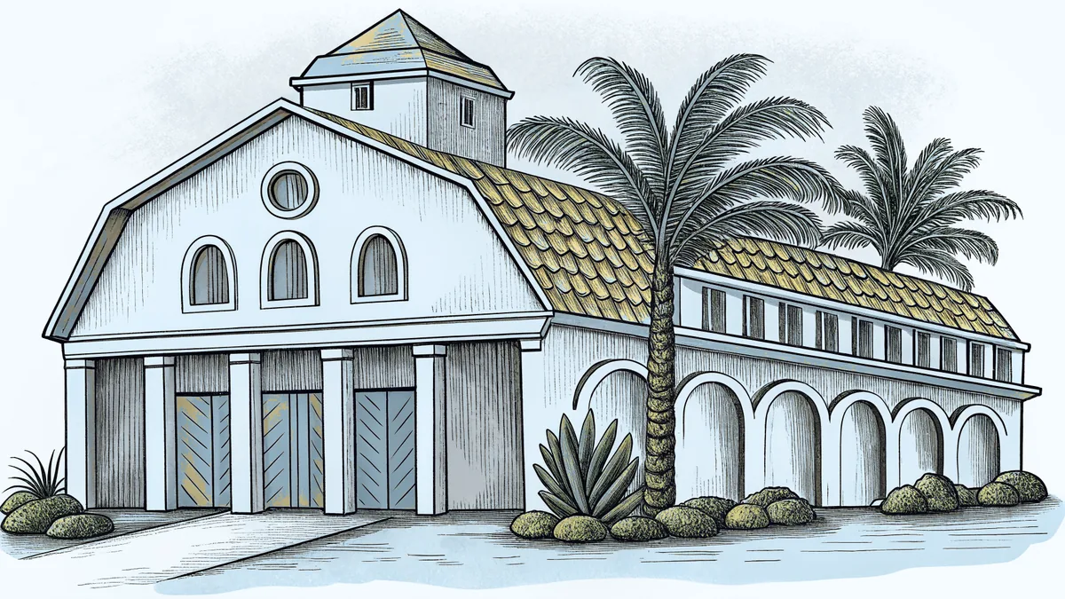 Latin American marketplace with terra-cotta pottery and tropical fruit displays.