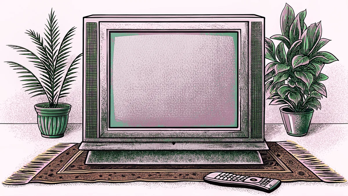 A boxy television set with remote control sits on a rug beside a side table.