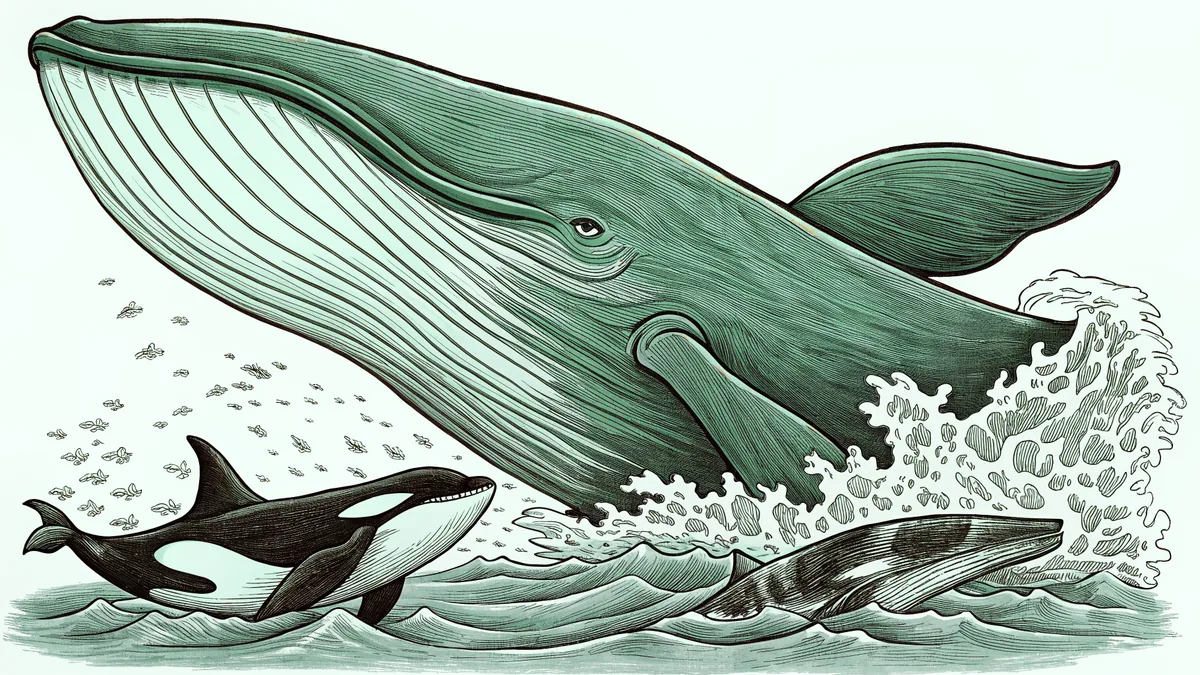 A blue whale breaching alongside a humpback whale and orca in the vast open ocean.