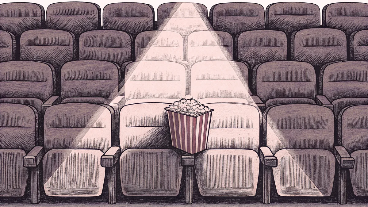 A vintage popcorn container sits beside a row of theatre seat silhouettes, lit by a dramatic spotlight.
