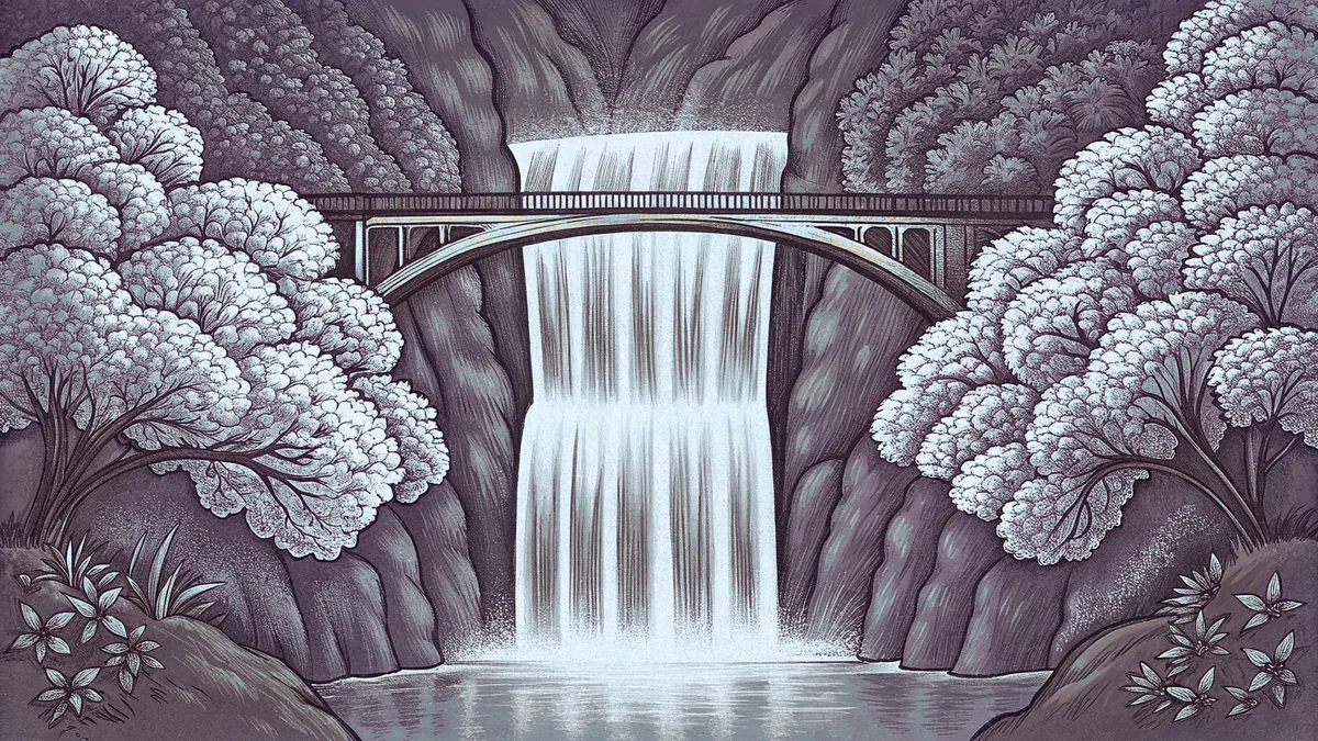 Lilac flowers bloom beside rushing water and a historic bridge in a scenic urban landscape.