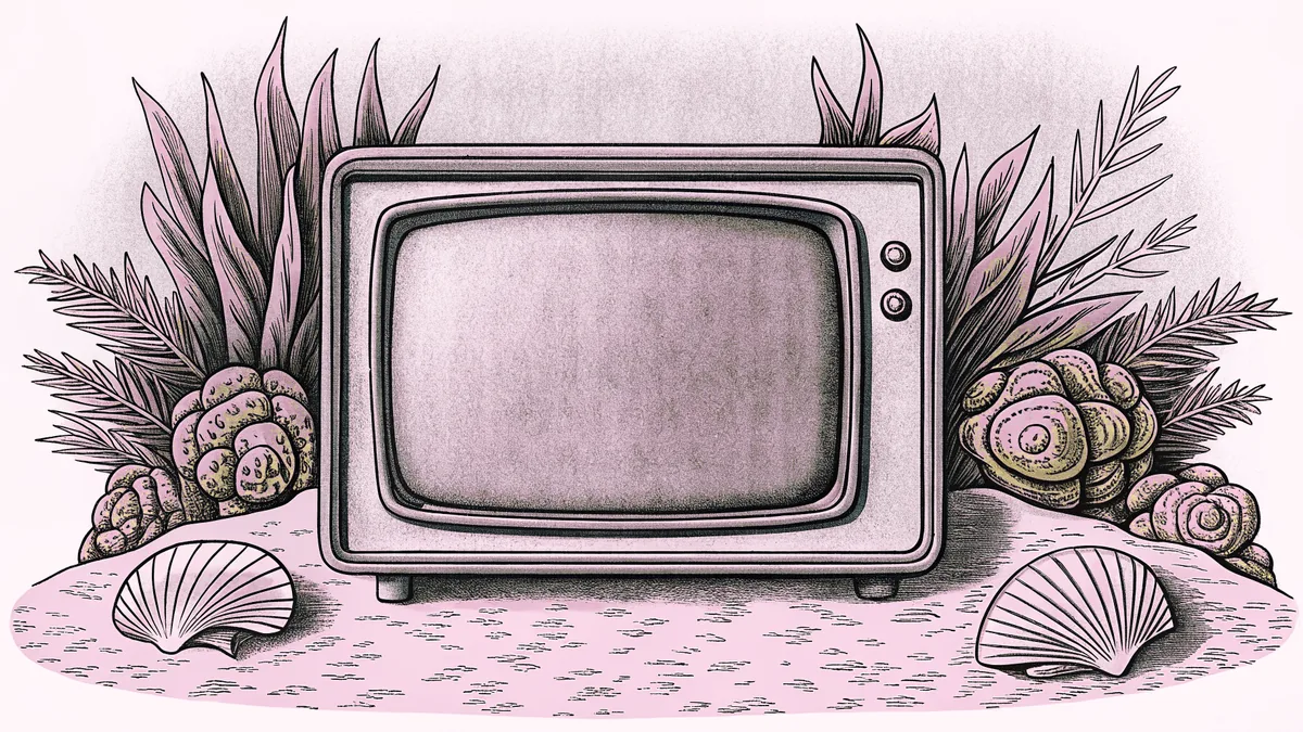 A vintage TV sits on sand beside decorative shells and aquatic plant shapes.