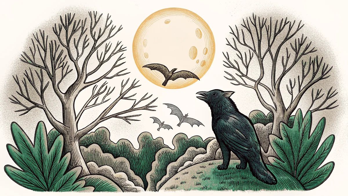 Nocturnal and eerie creatures gathered together in moonlight.