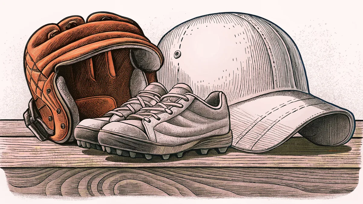 Baseball glove with cleats and helmet arranged on a wooden bench