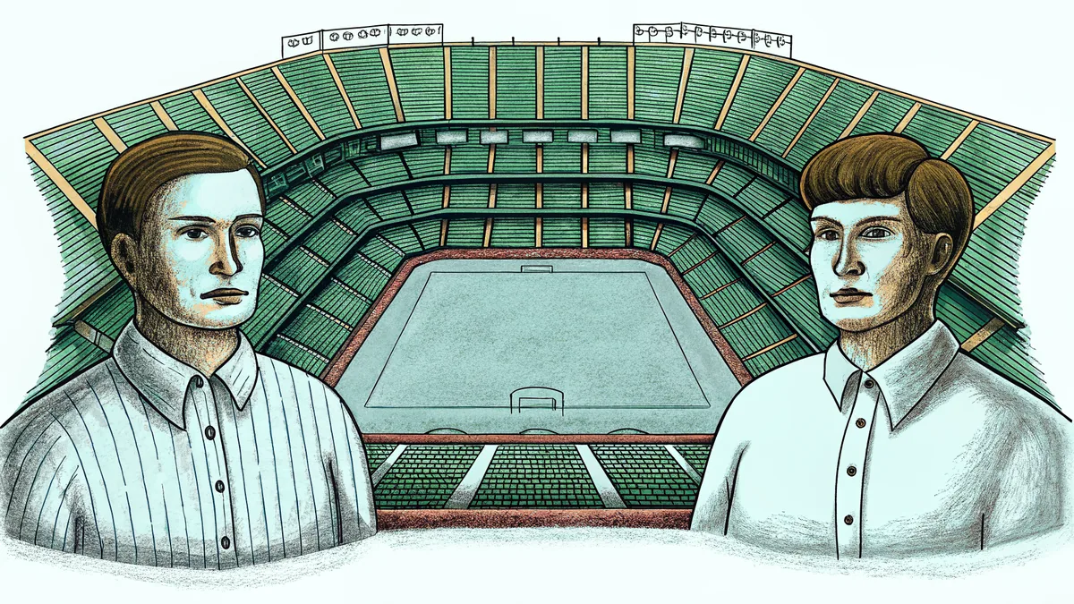 Sports venue showing officials, coaching staff, and stadium grounds maintenance.