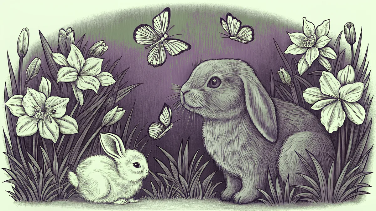 A bunny and chick explore spring daffodils as colorful butterflies dance and swirl nearby.