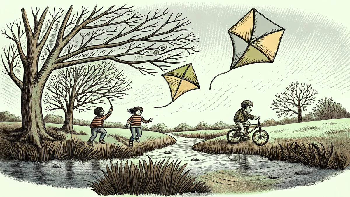 Children fly colorful kites and ride bicycles across a sunny, breezy spring meadow.