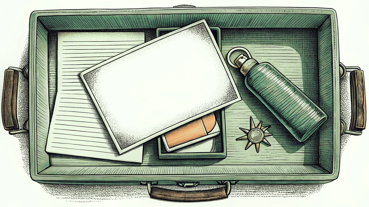 A packed suitcase, blank postcard, sunblock, and motel key arranged with travel notes.