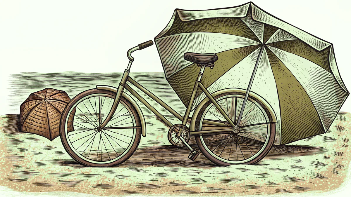 A bicycle and umbrella rest together on sand by the spring shore.