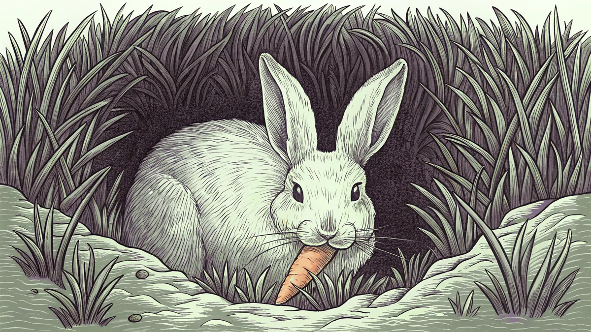 A fluffy white rabbit with alert ears nibbles a carrot beside a grass burrow.