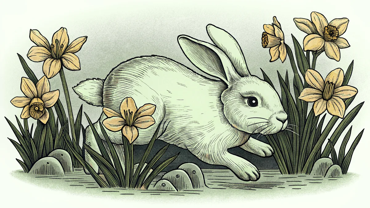A rabbit bounds through a garden abloom with golden spring flowers.