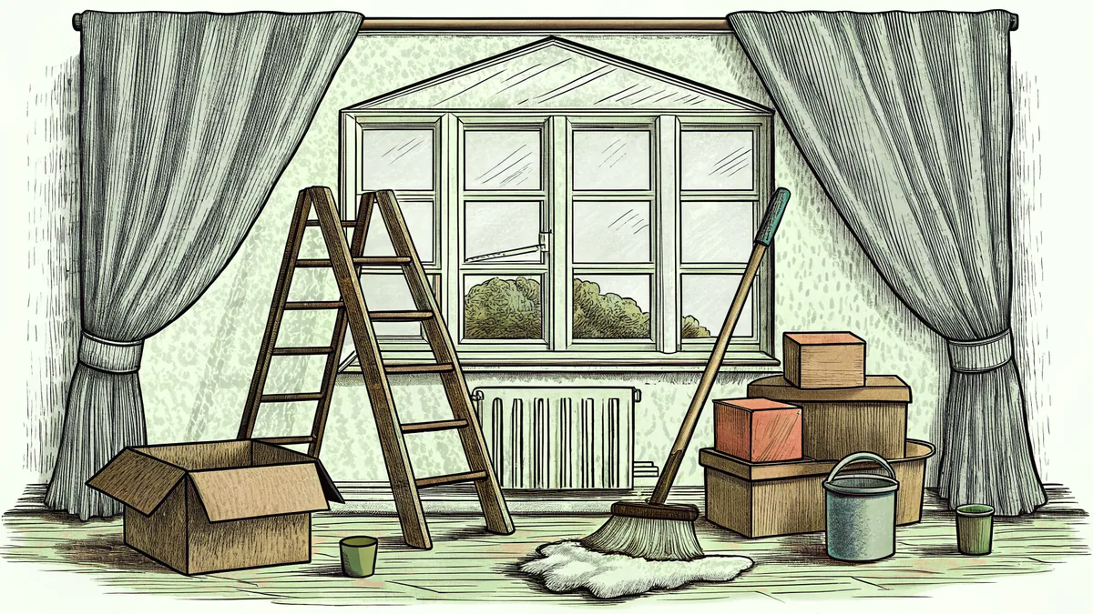 A home gets a thorough spring cleaning with supplies, boxes, and a ladder at hand.