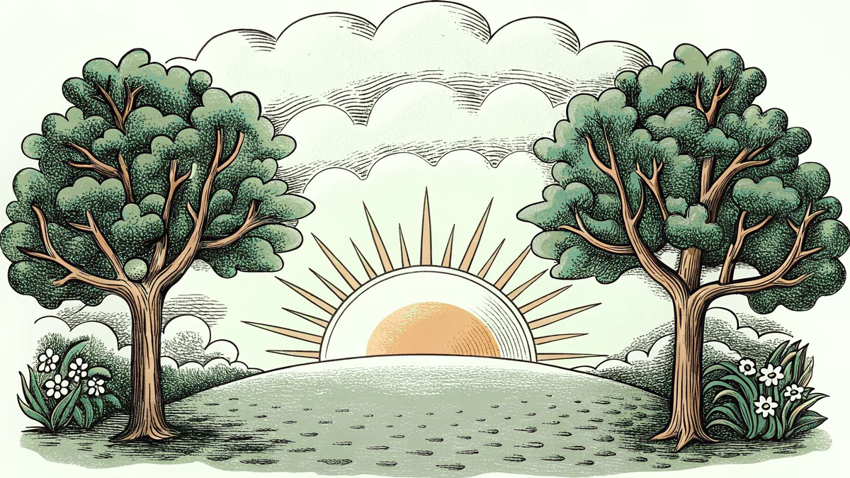 The sun illuminates a verdant spring landscape at break of day.