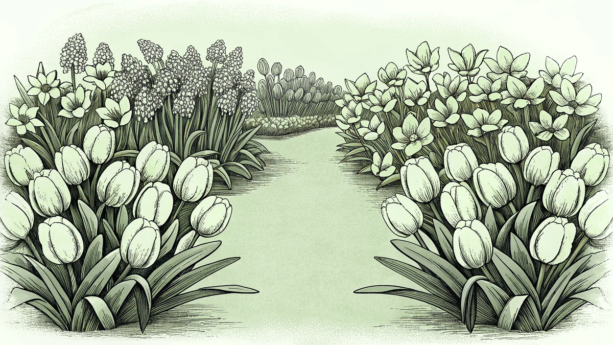 Colorful spring flowers—tulips, daffodils, and hyacinths—blanket a garden in exuberant bloom.
