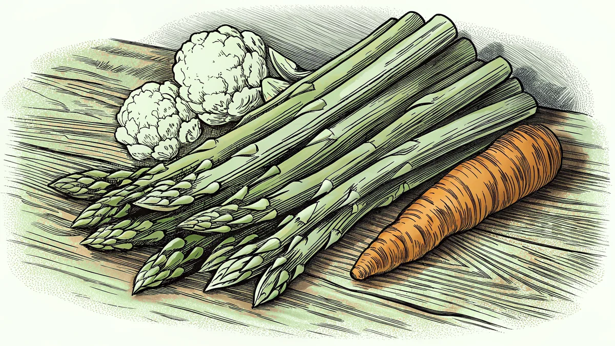 Crisp spring vegetables heap together on a weathered wooden surface.