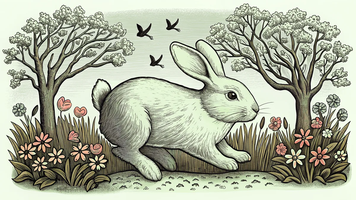 A fluffy bunny plays amid blooming flowers and soaring birds in a spring garden.