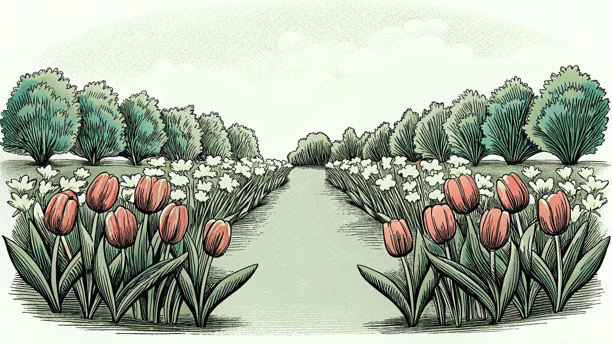 Garden bed filled with colorful spring flowers including tulips, daffodils, and irises