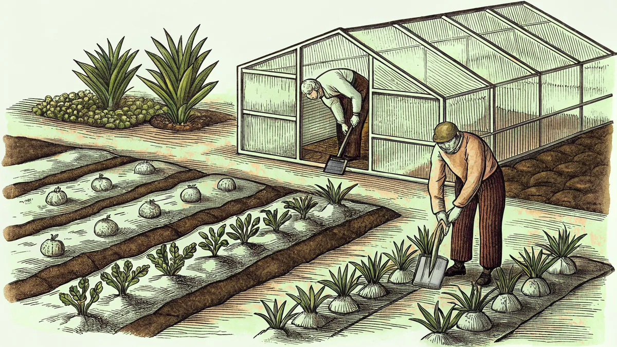 Planting seedlings and bulbs, a gardener works in spring soil nearby