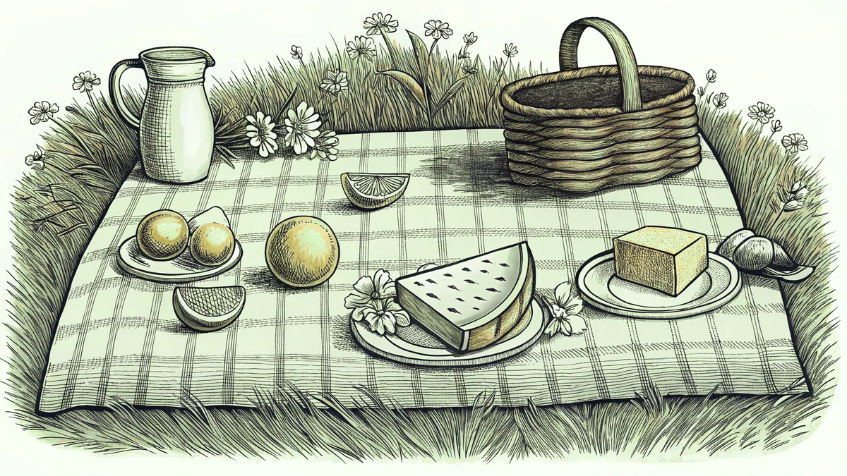 A picnic blanket laden with watermelon and lemonade sits in dappled sunshine.