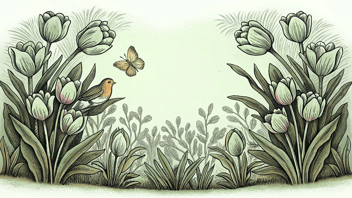 A robin rests among pink tulips as a butterfly dances close by.