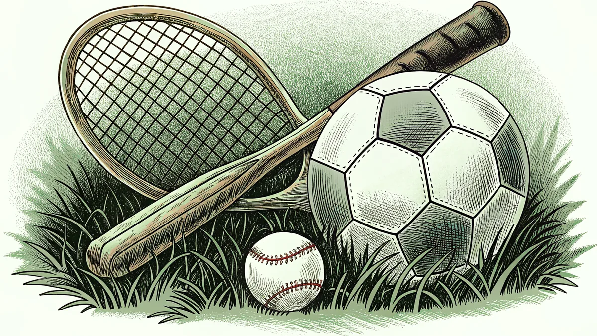 Sports equipment from baseball to rowing sits arranged on a spring field.