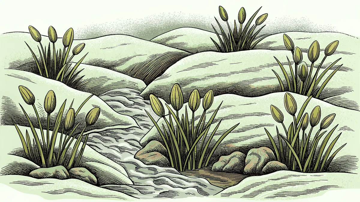 Melting snow feeds a stream while green buds burst on nearby branches.