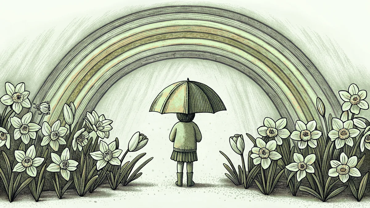 A young child stands beneath a vibrant rainbow amid blooming spring tulips and daffodils.