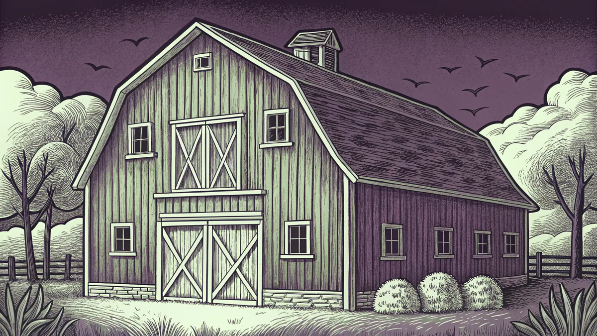 A weathered barn overlooks a pasture filled with newborn farm animals.