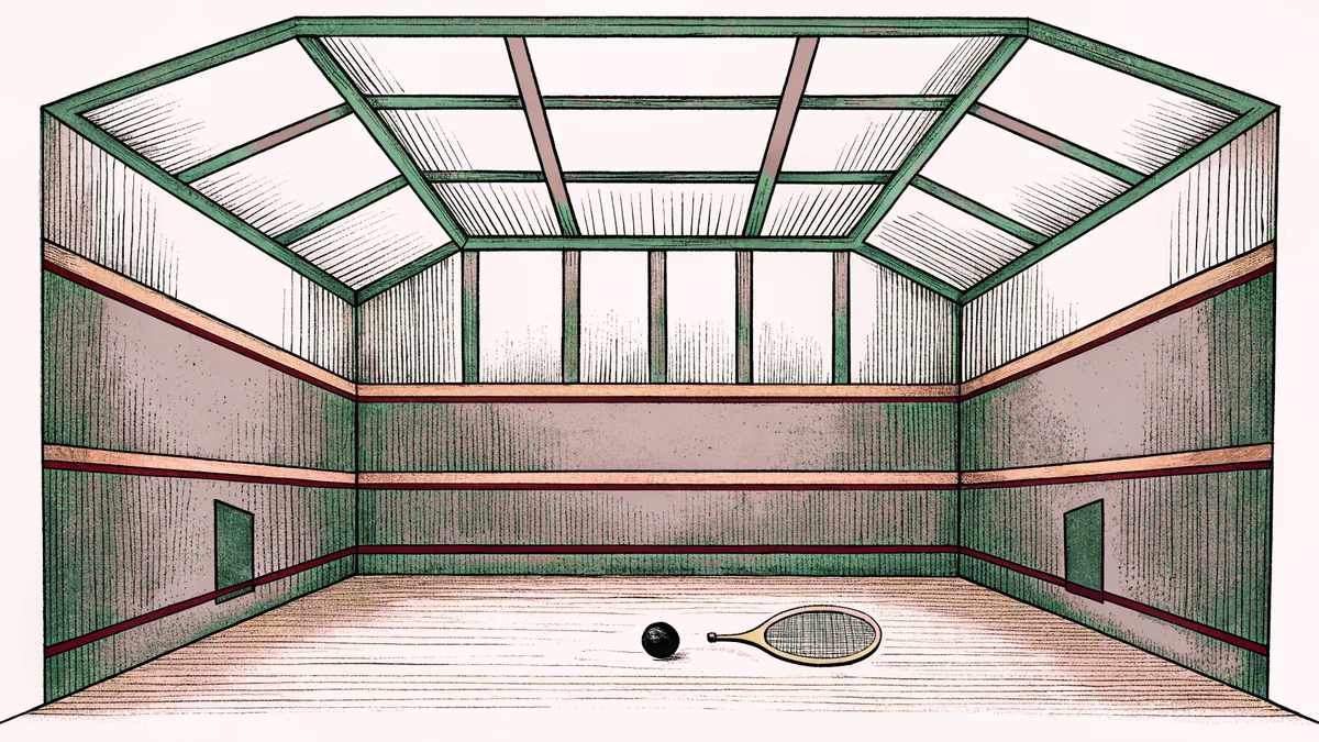 A squash racquet and dark ball sit on a white-walled indoor court.