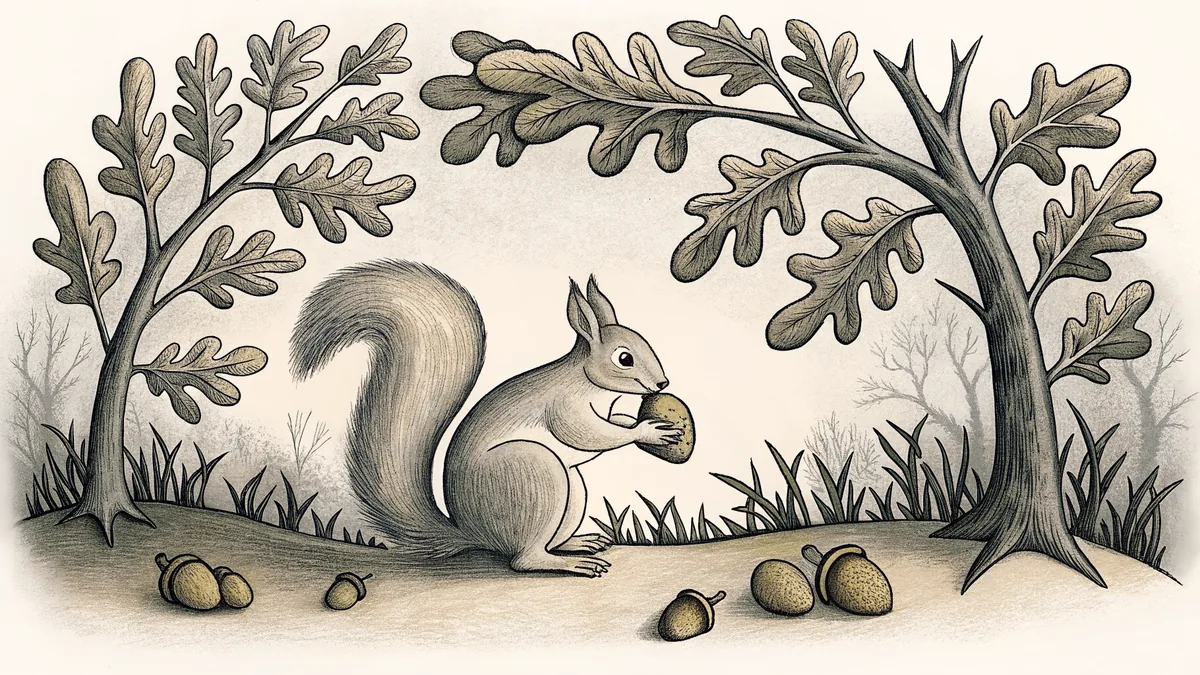 Squirrel hoarding acorns among autumn foliage.