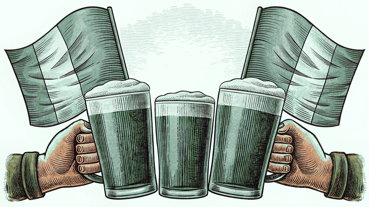 Glasses of Guinness, Irish whiskey, and green beer toasting together on St. Patrick's Day.