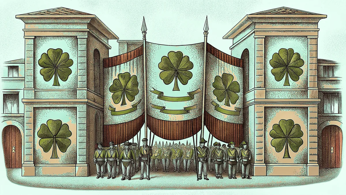 St. Patrick's Day parade with marching bands, flags, green shamrock decorations, and Irish harp.
