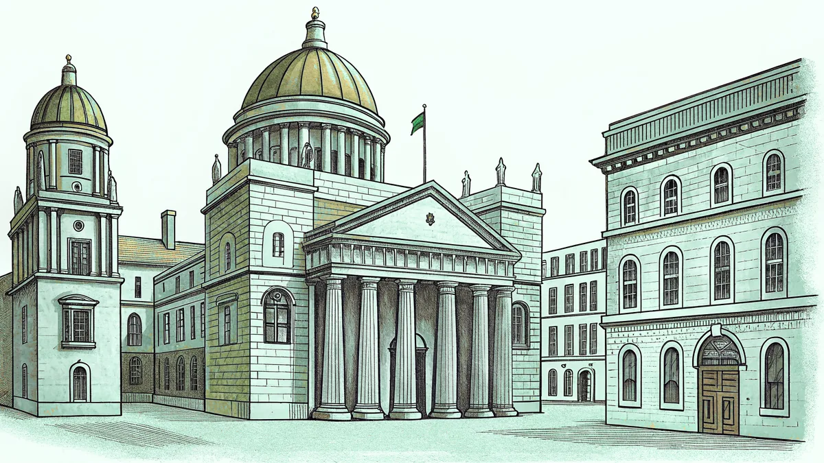 Dublin's St. Patrick's Day celebration with parade floats, ornate cathedral, pub scenes, and dancers.