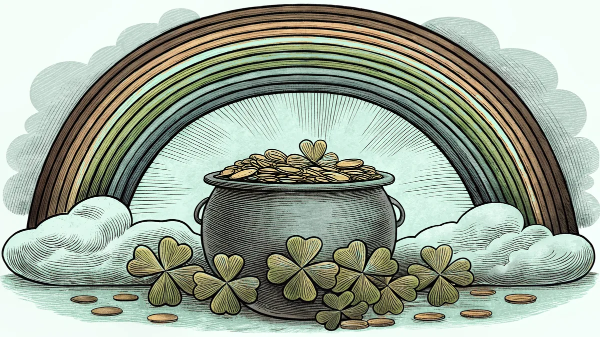 Leprechaun standing with pot of gold at rainbow's end, surrounded by shamrocks and gold coins.