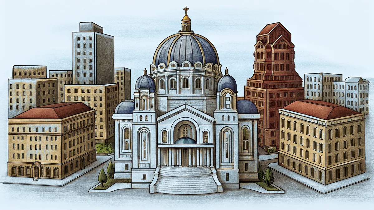 Minneapolis and St. Paul's skylines meet with a vision of peace monument.