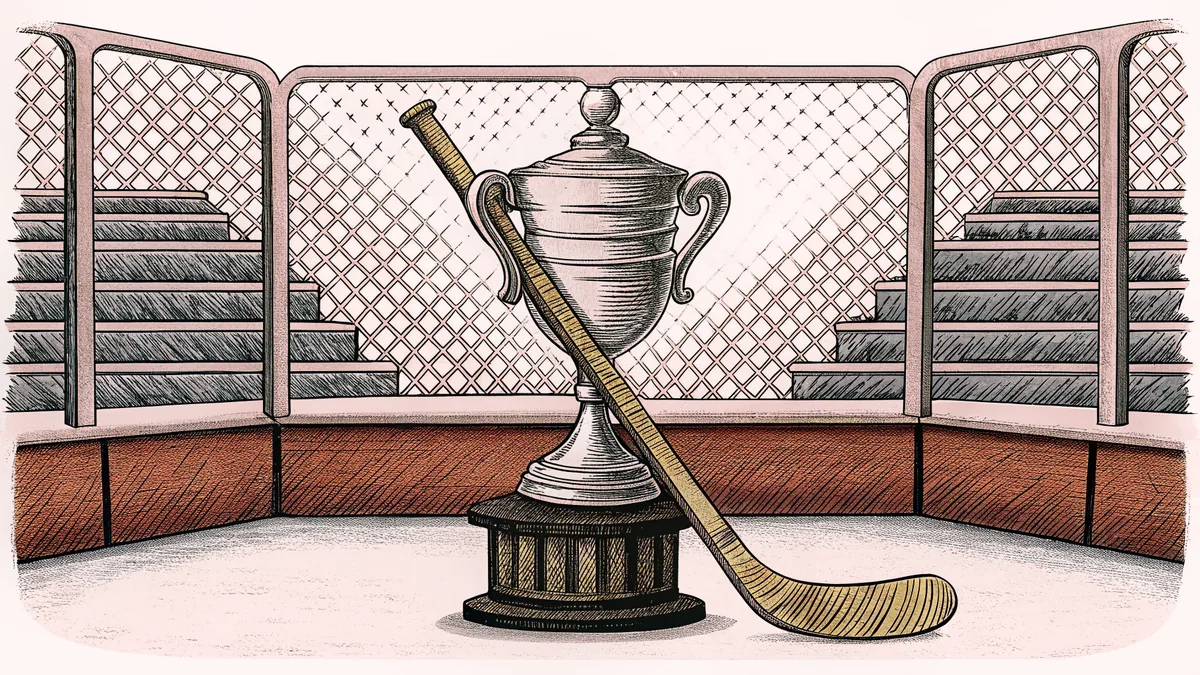 A hockey stick and puck sit on the ice near a gleaming silver championship trophy.