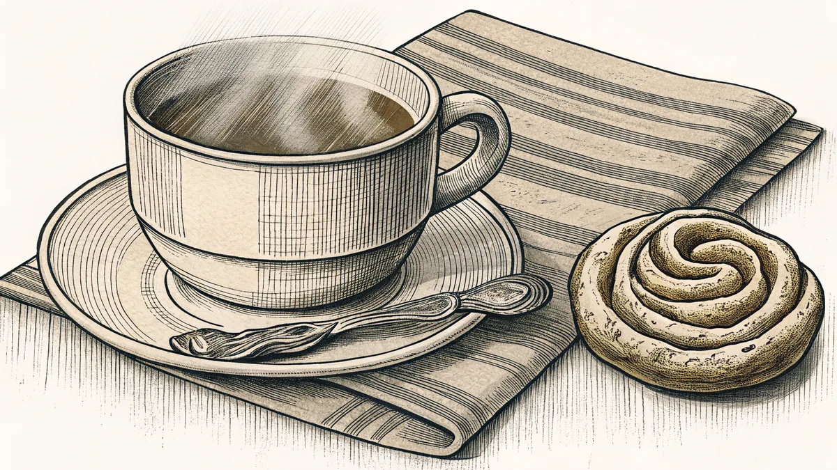 A warm coffee drink and pastry comfort a cozy morning moment.