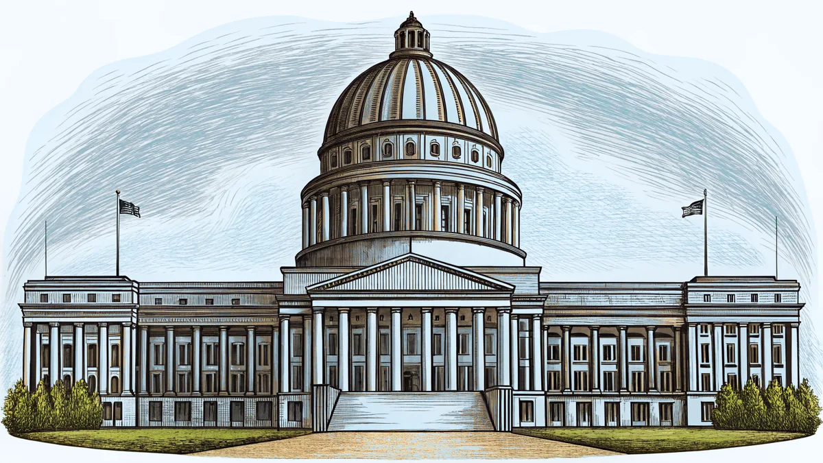 A domed capitol building with white columns rises above a green lawn lined with flagpoles.