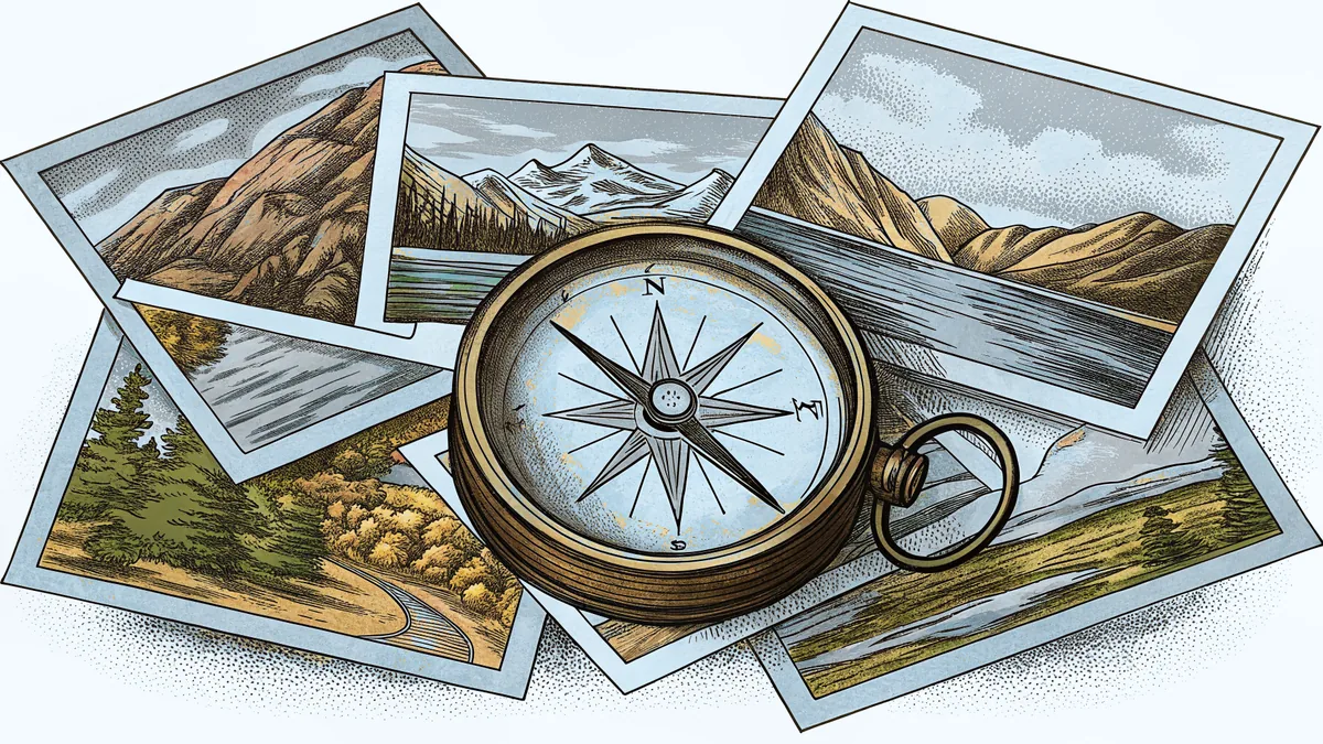 An antique compass rests on vintage travel postcards showing varied American landscapes.