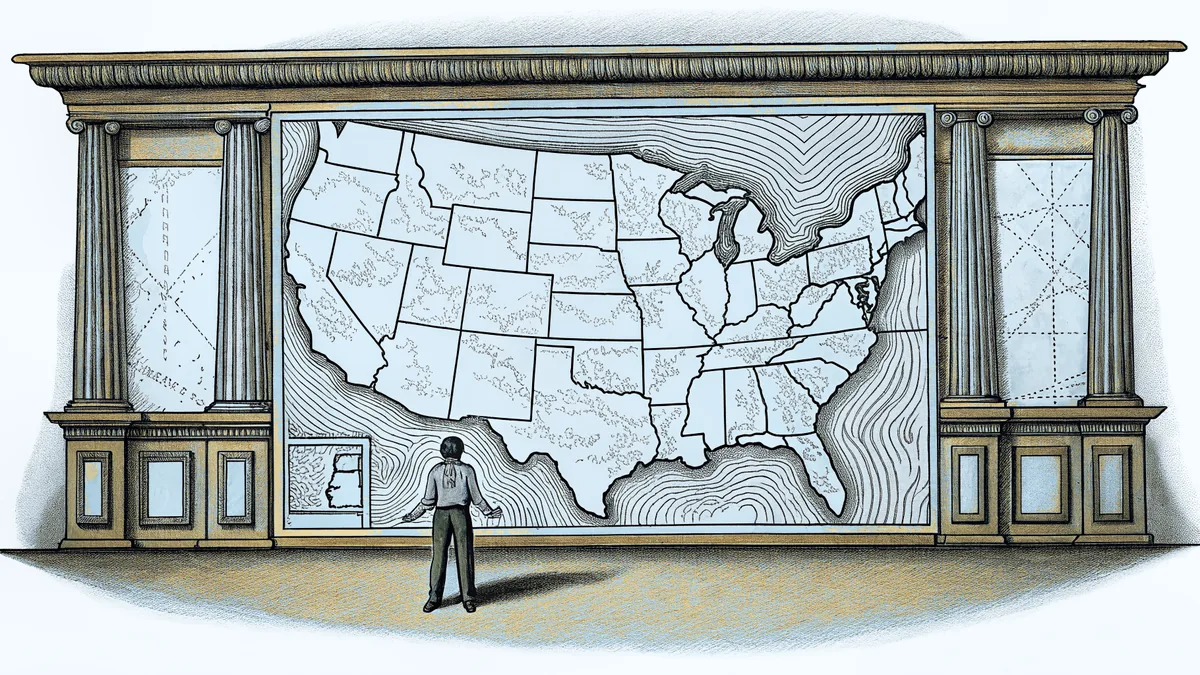Geography display showing state outlines with borders and coastal features.