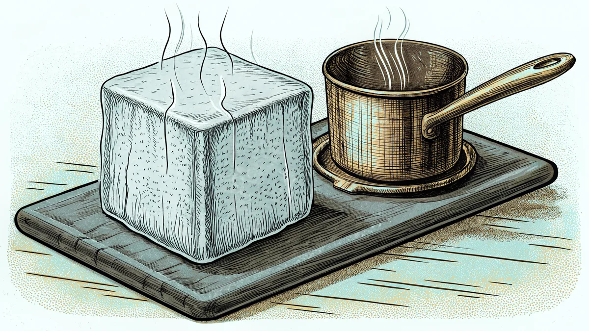 A large block of ice with vapor rising from it, resting on a dark slate slab beside a copper pot with steam curling above.