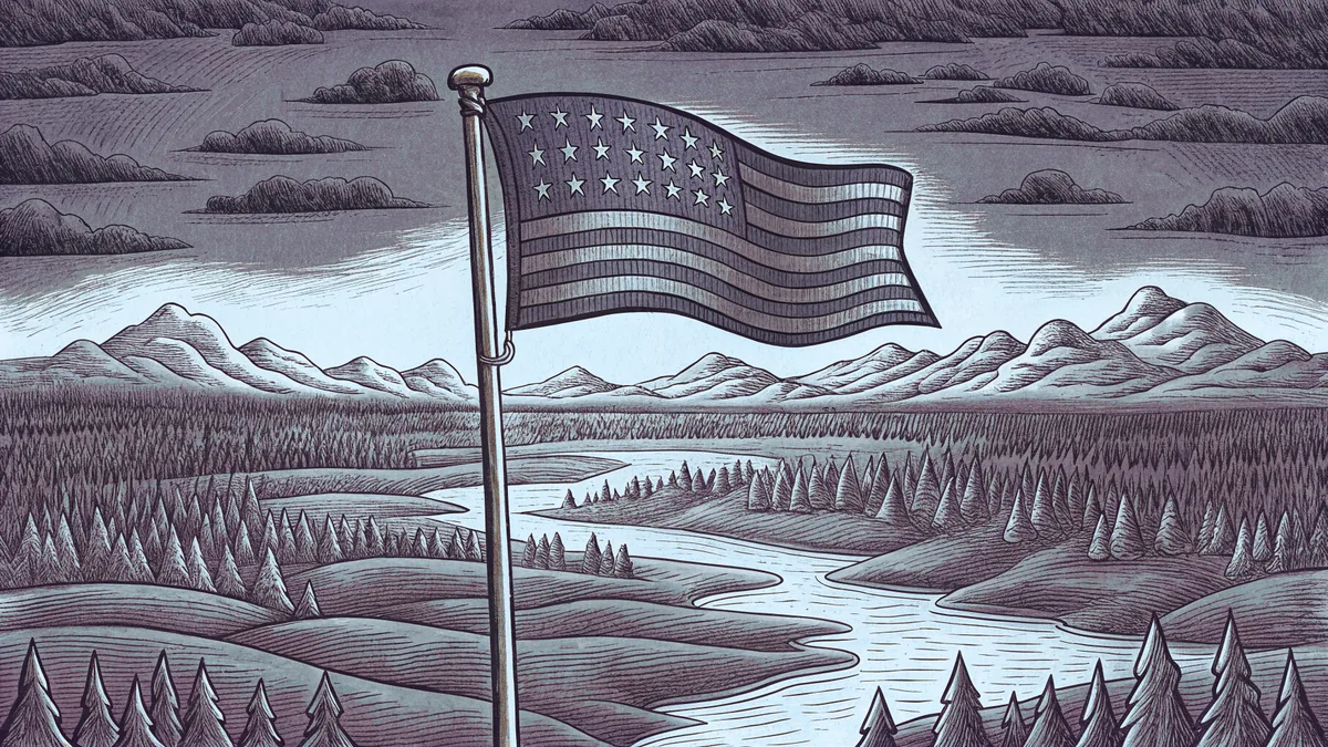 The American flag flies over mountains, plains, and varied natural landscapes.
