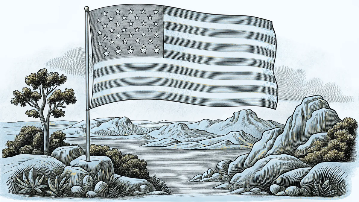 The American flag set against the nation's diverse landscape features and terrain.