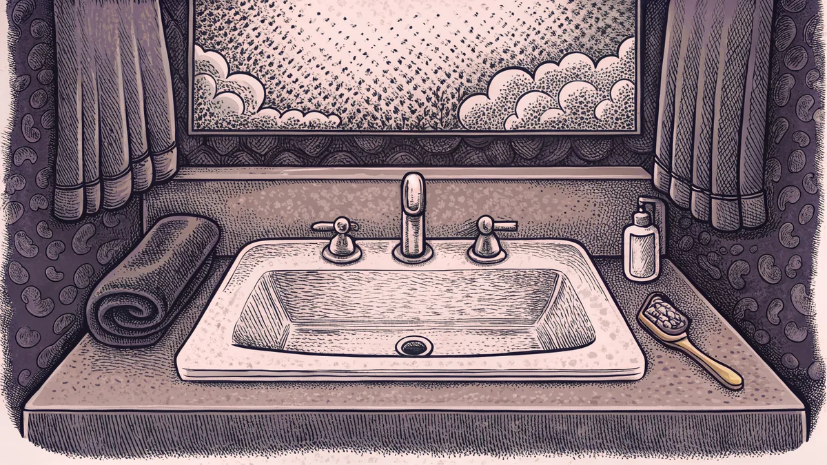 Bathroom sink with soap, towel, and toothbrush near steamy shower.