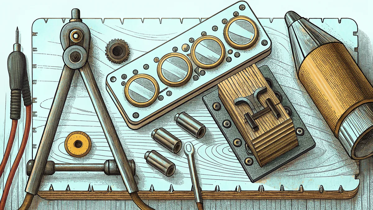A robotic arm, a drafting compass, and a circuit board are arranged on a workbench.